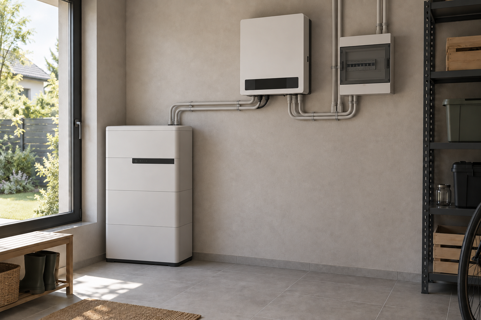 Wizualizacja AI magazynu energii i falownika w domowym pomieszczeniu technicznym